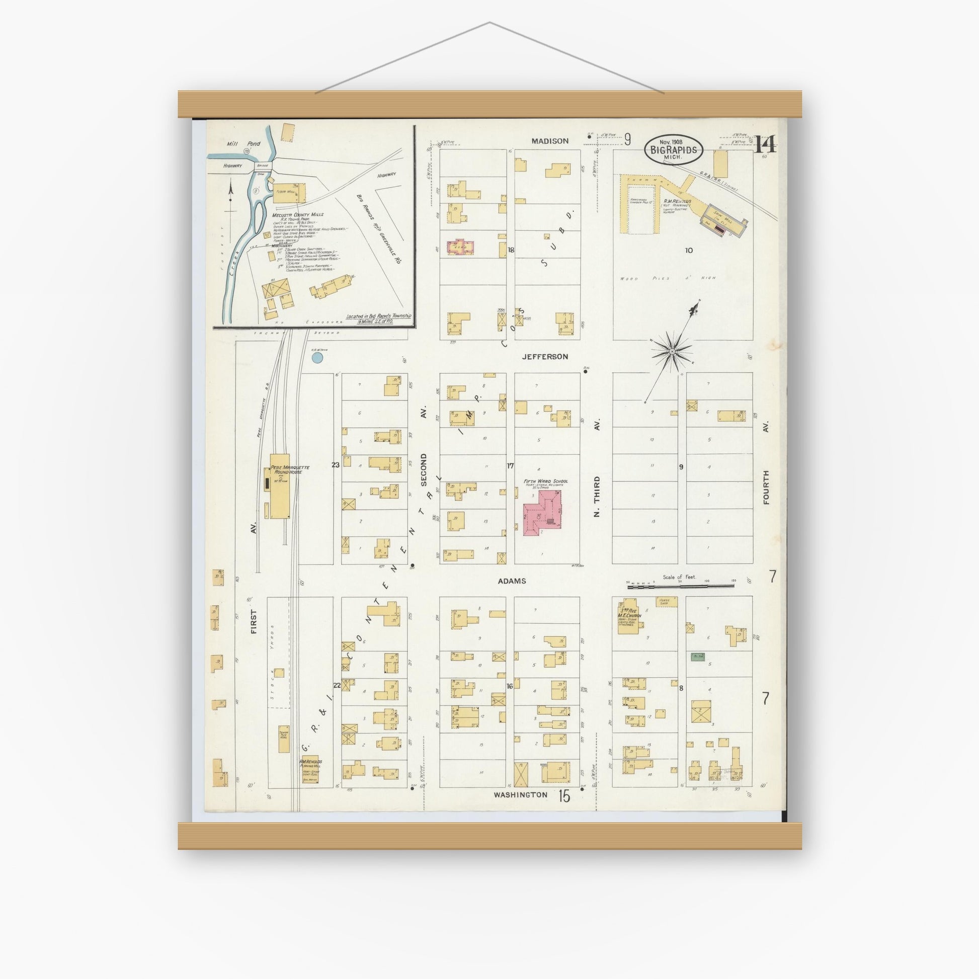 Old map wall art mockup — magnetic wood frame on white wall — Sanborn Fire Insurance Map from Big Rapids, Mecosta County, Michigan (1908), Sheet #0014