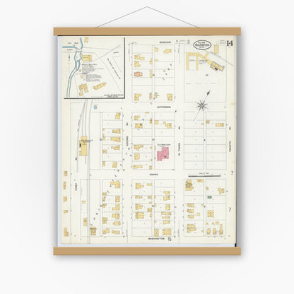 Old map wall art mockup — magnetic wood frame on white wall — Sanborn Fire Insurance Map from Big Rapids, Mecosta County, Michigan (1908), Sheet #0014