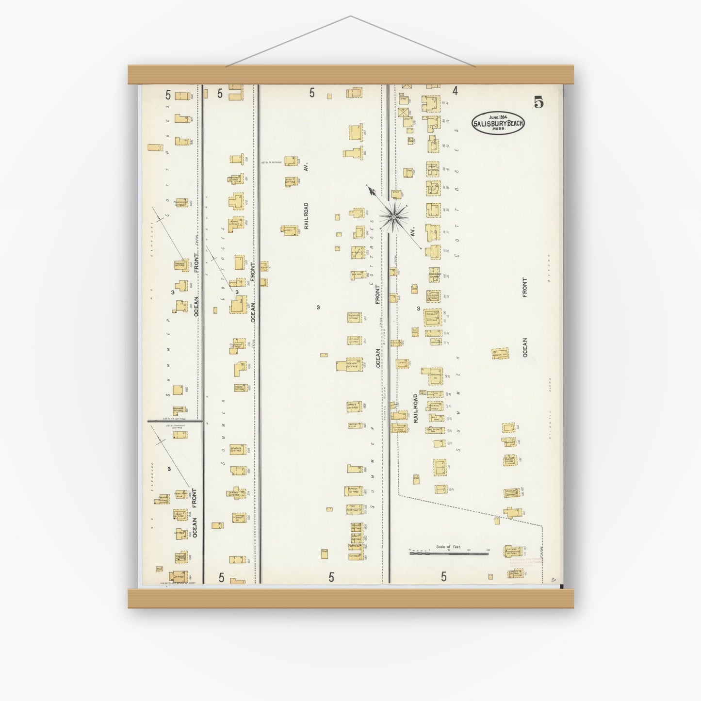 Old map wall art mockup — magnetic wood frame on white wall — Sanborn Fire Insurance Map from Salisbury, Essex County, Massachusetts (1904), Sheet #0005