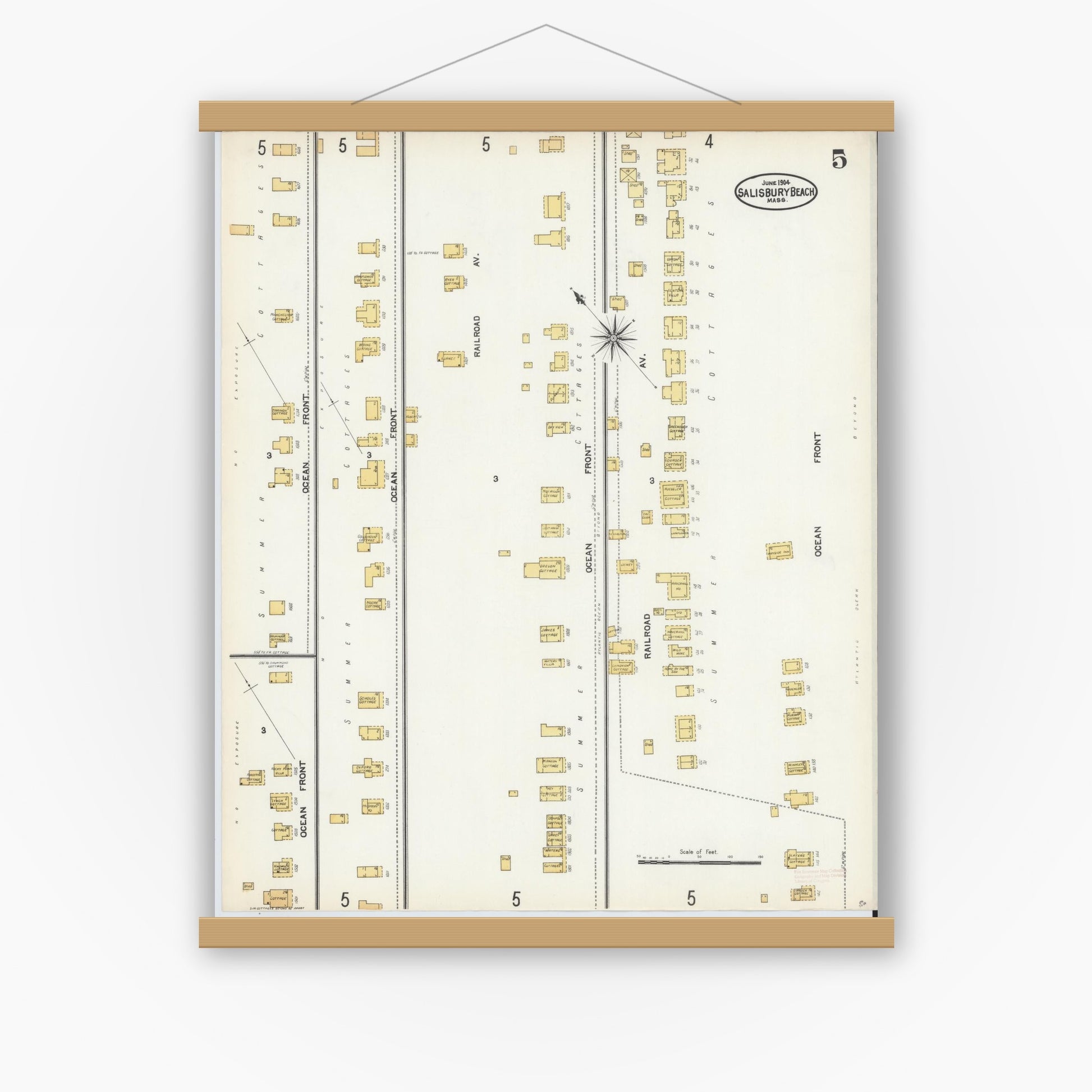 Old map wall art mockup — magnetic wood frame on white wall — Sanborn Fire Insurance Map from Salisbury, Essex County, Massachusetts (1904), Sheet #0005