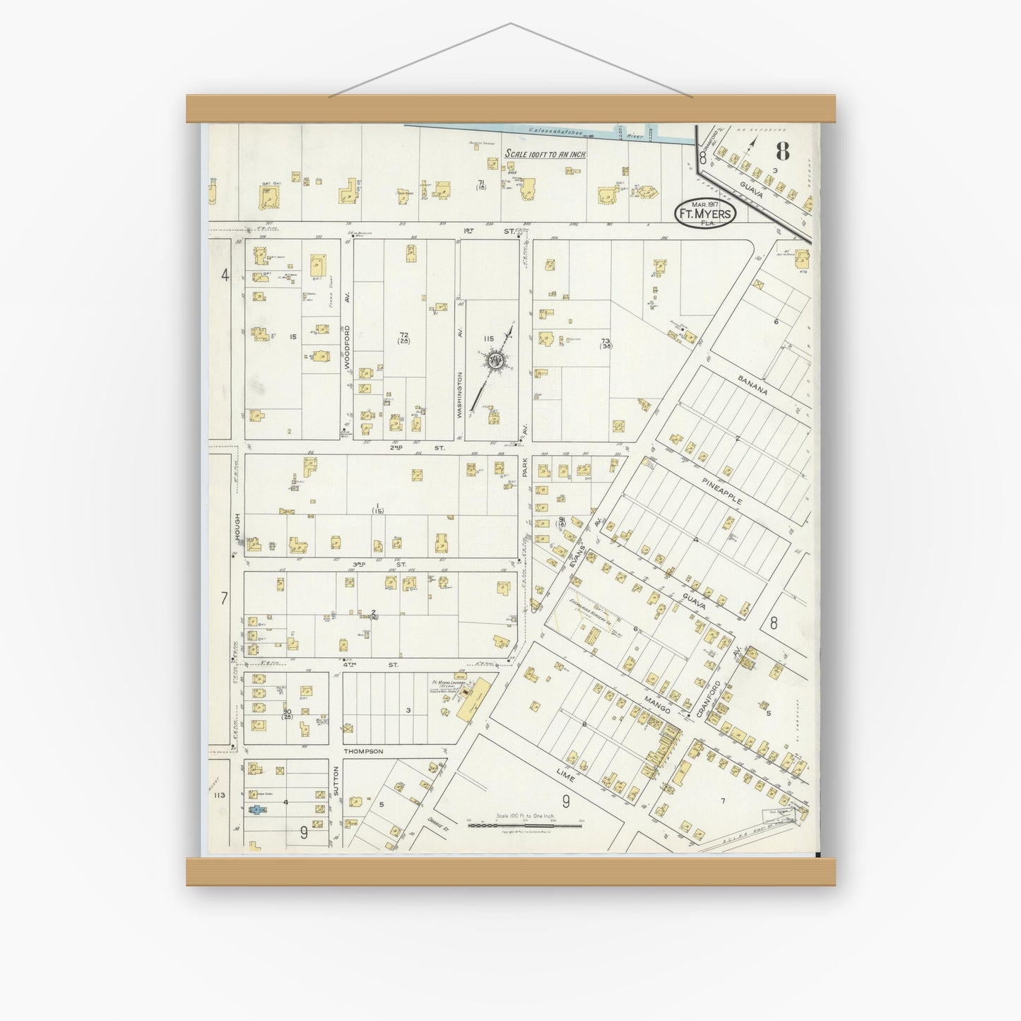 Old map wall art mockup — magnetic wood frame on white wall — Sanborn Fire Insurance Map from Fort Myers, Lee County, Florida (1917), Sheet #0008