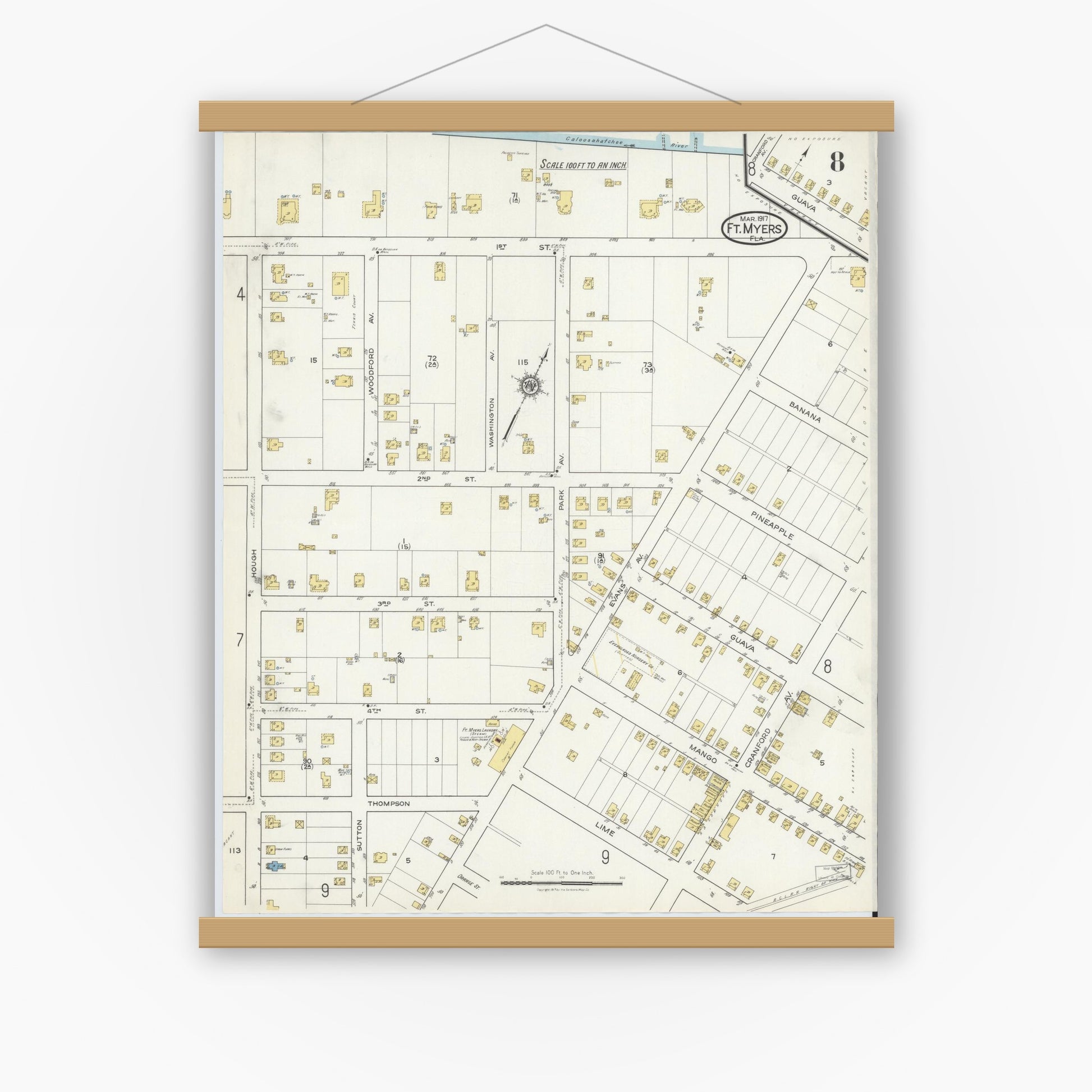 Old map wall art mockup — magnetic wood frame on white wall — Sanborn Fire Insurance Map from Fort Myers, Lee County, Florida (1917), Sheet #0008