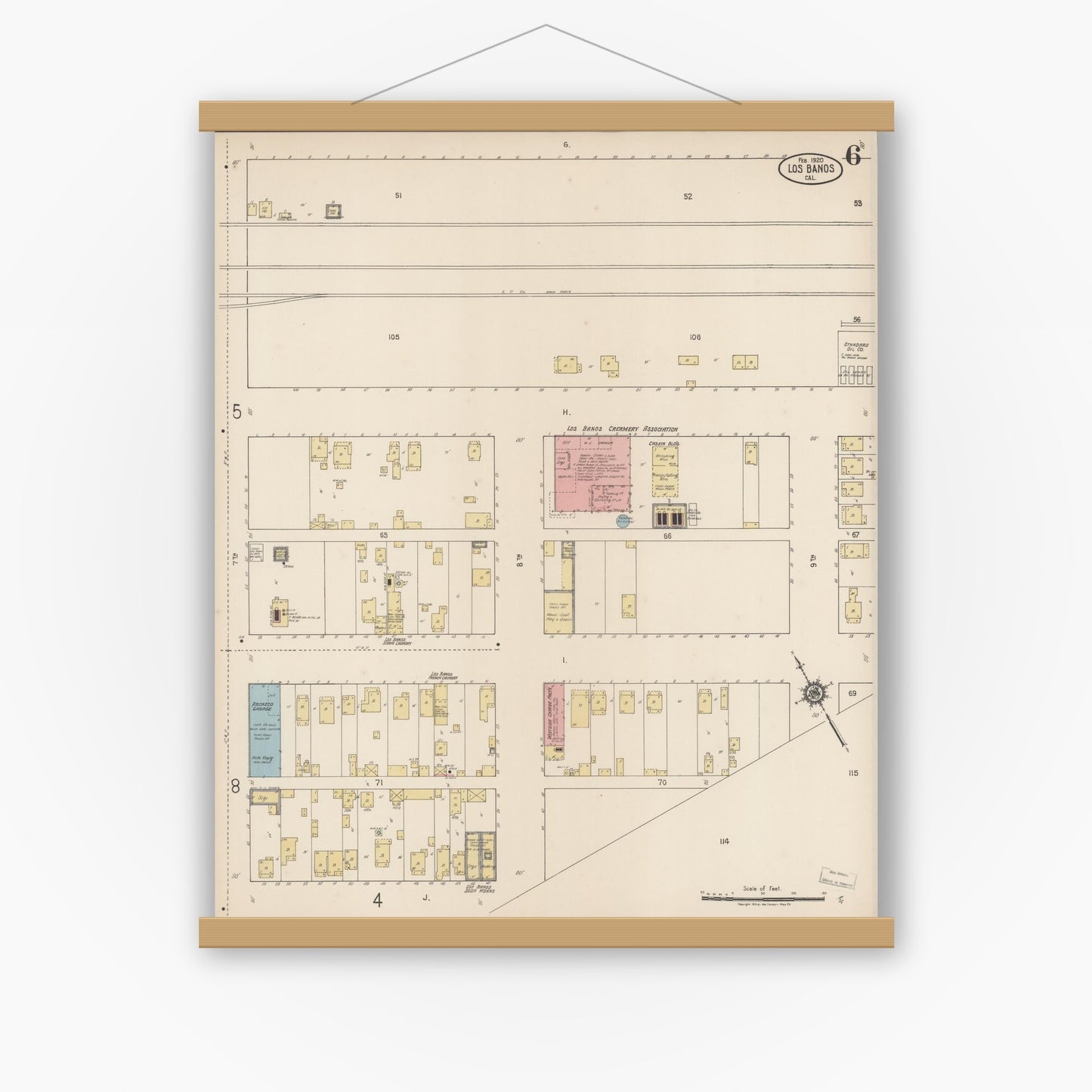 Old map wall art mockup — magnetic wood frame on white wall — Sanborn Fire Insurance Map from Los Banos, Merced County, California (1920), Sheet #0006