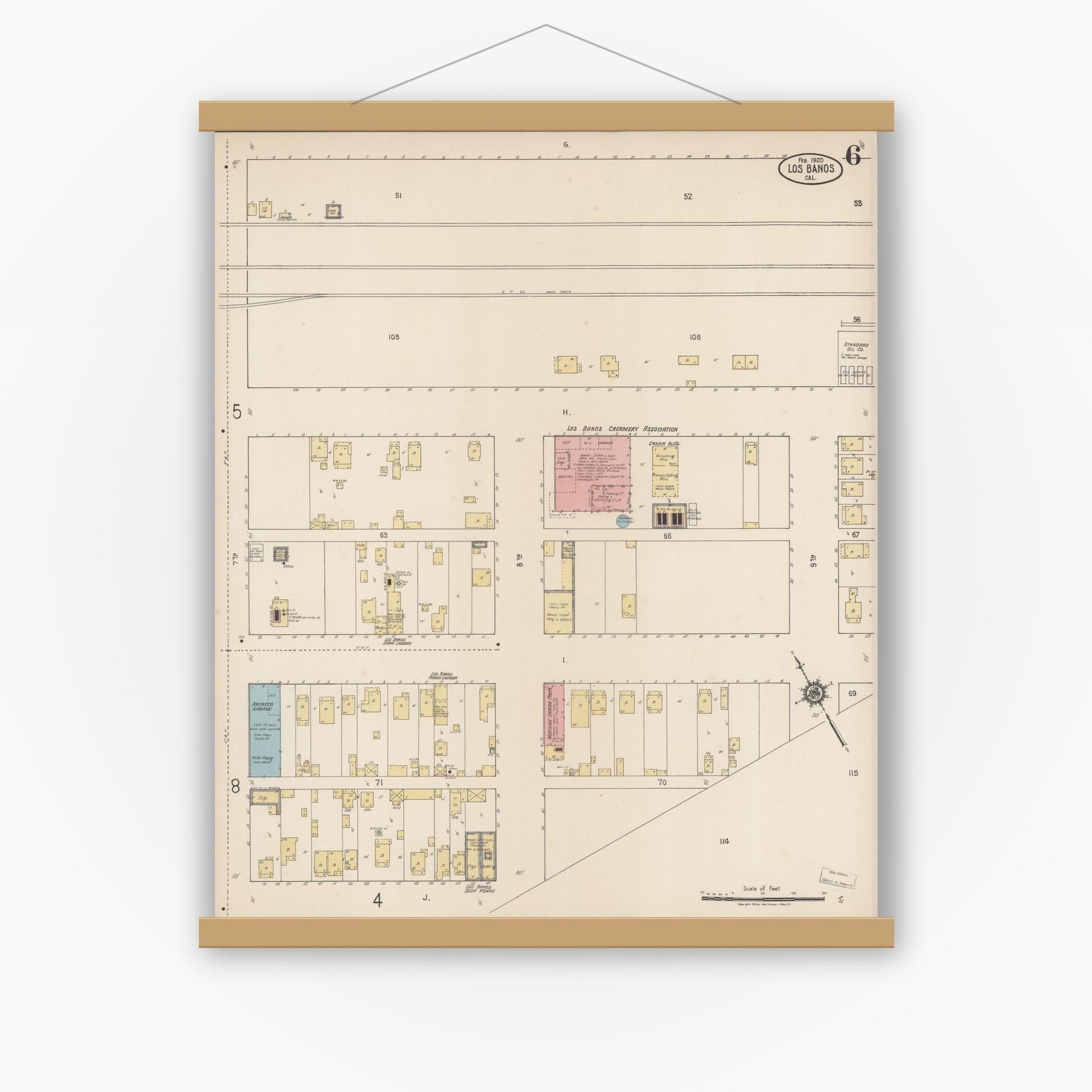 Old map wall art mockup — magnetic wood frame on white wall — Sanborn Fire Insurance Map from Los Banos, Merced County, California (1920), Sheet #0006