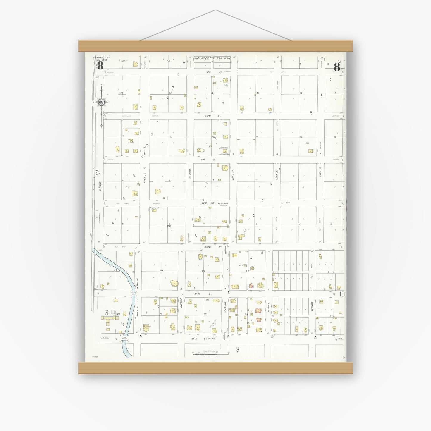 Old map wall art mockup — magnetic wood frame on white wall — Sanborn Fire Insurance Map from Snyder, Scurry County, Texas (1936), Sheet #0008