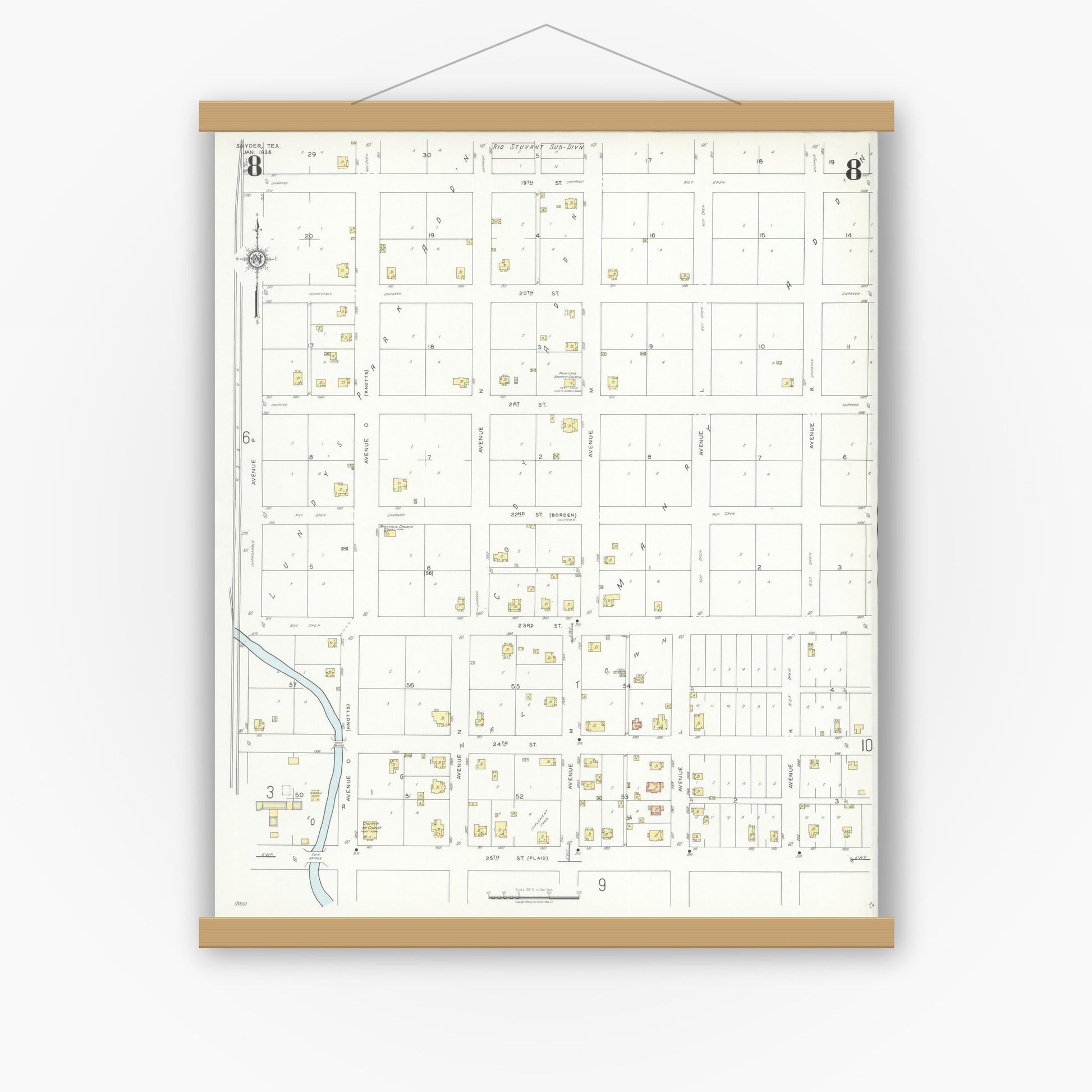 Old map wall art mockup — magnetic wood frame on white wall — Sanborn Fire Insurance Map from Snyder, Scurry County, Texas (1936), Sheet #0008