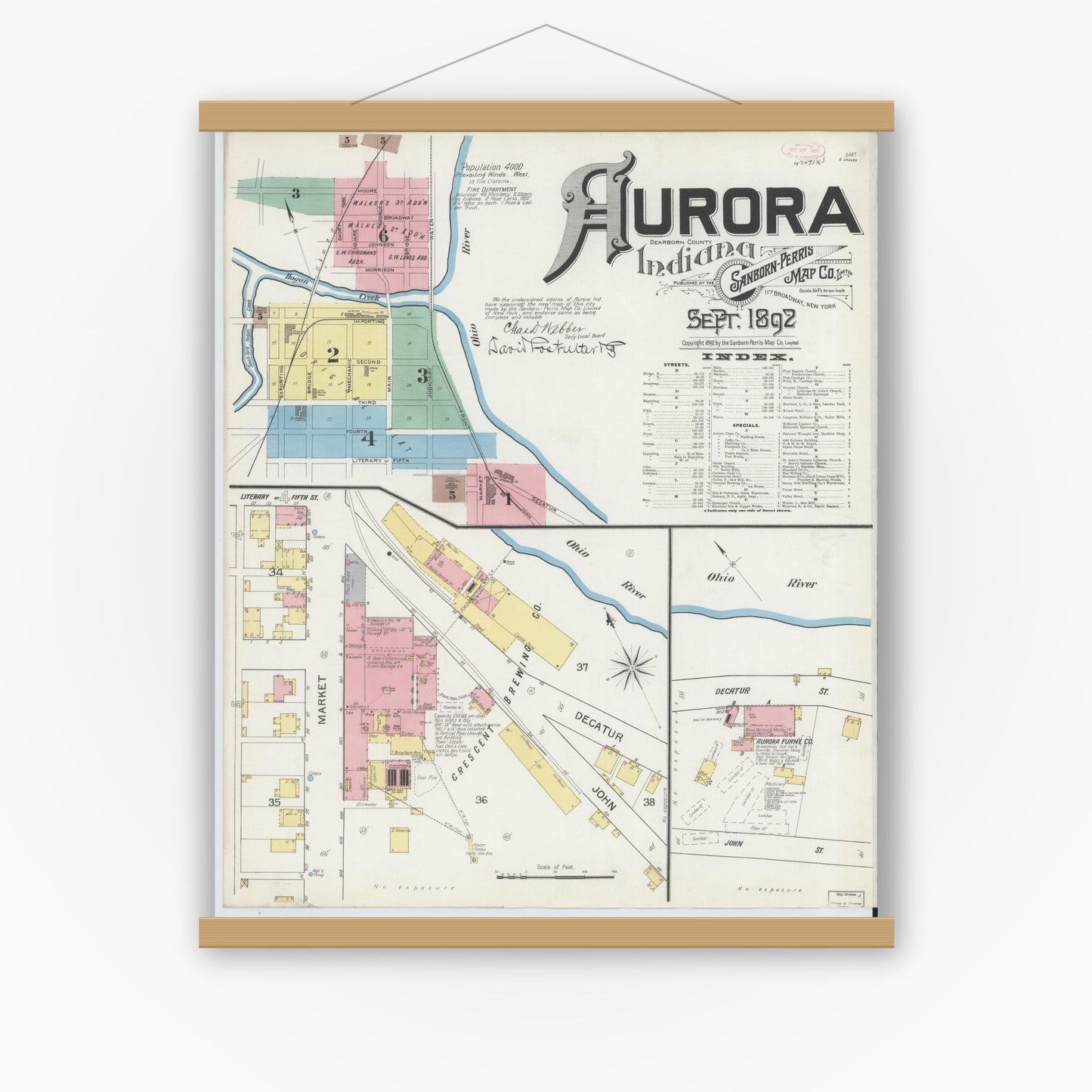 Old map wall art mockup — magnetic wood frame on white wall — Sanborn Fire Insurance Map from Aurora, Dearborn County, Indiana (1892), Sheet #0001