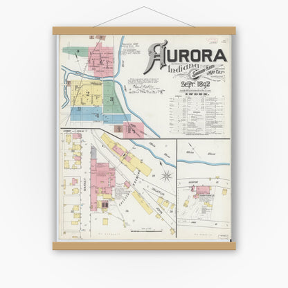 Old map wall art mockup — magnetic wood frame on white wall — Sanborn Fire Insurance Map from Aurora, Dearborn County, Indiana (1892), Sheet #0001