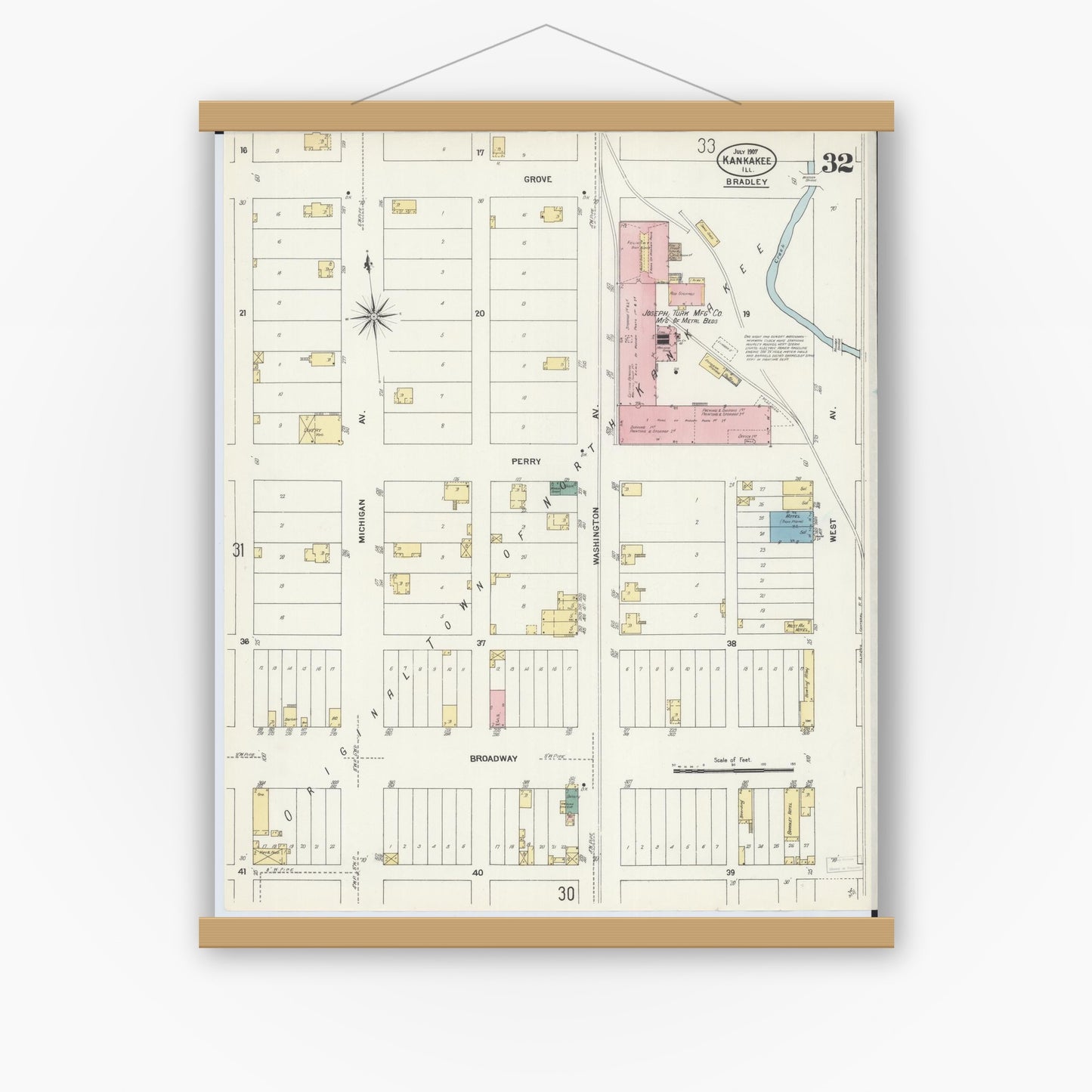 Old map wall art mockup — magnetic wood frame on white wall — Sanborn Fire Insurance Map from Kankakee, Kankakee County, Illinois (1907), Sheet #0032
