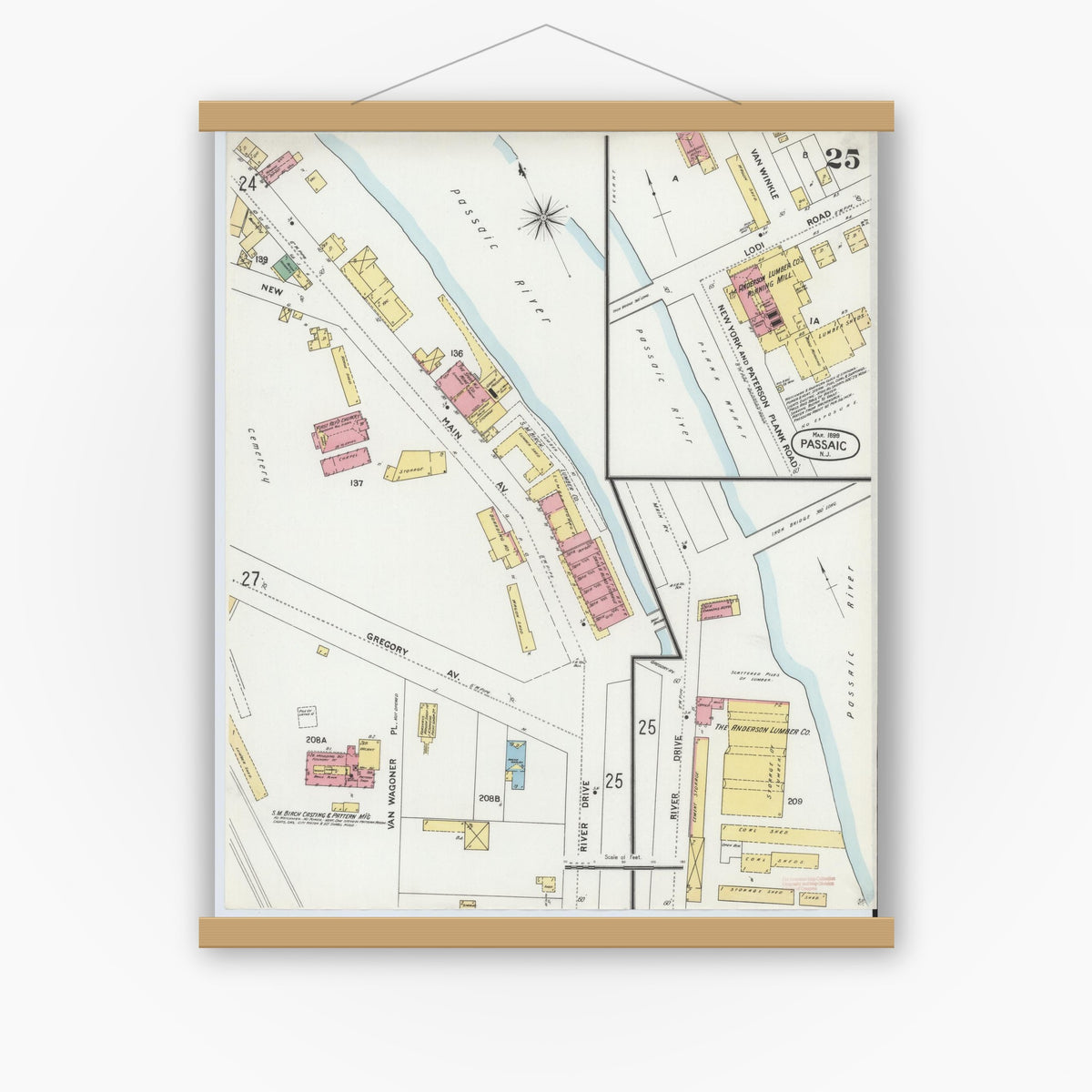 Old map wall art mockup — magnetic wood frame on white wall — Sanborn Fire Insurance Map from Passaic, Passaic County, New Jersey (1899), Sheet #0025