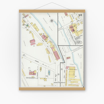 Old map wall art mockup — magnetic wood frame on white wall — Sanborn Fire Insurance Map from Passaic, Passaic County, New Jersey (1899), Sheet #0025