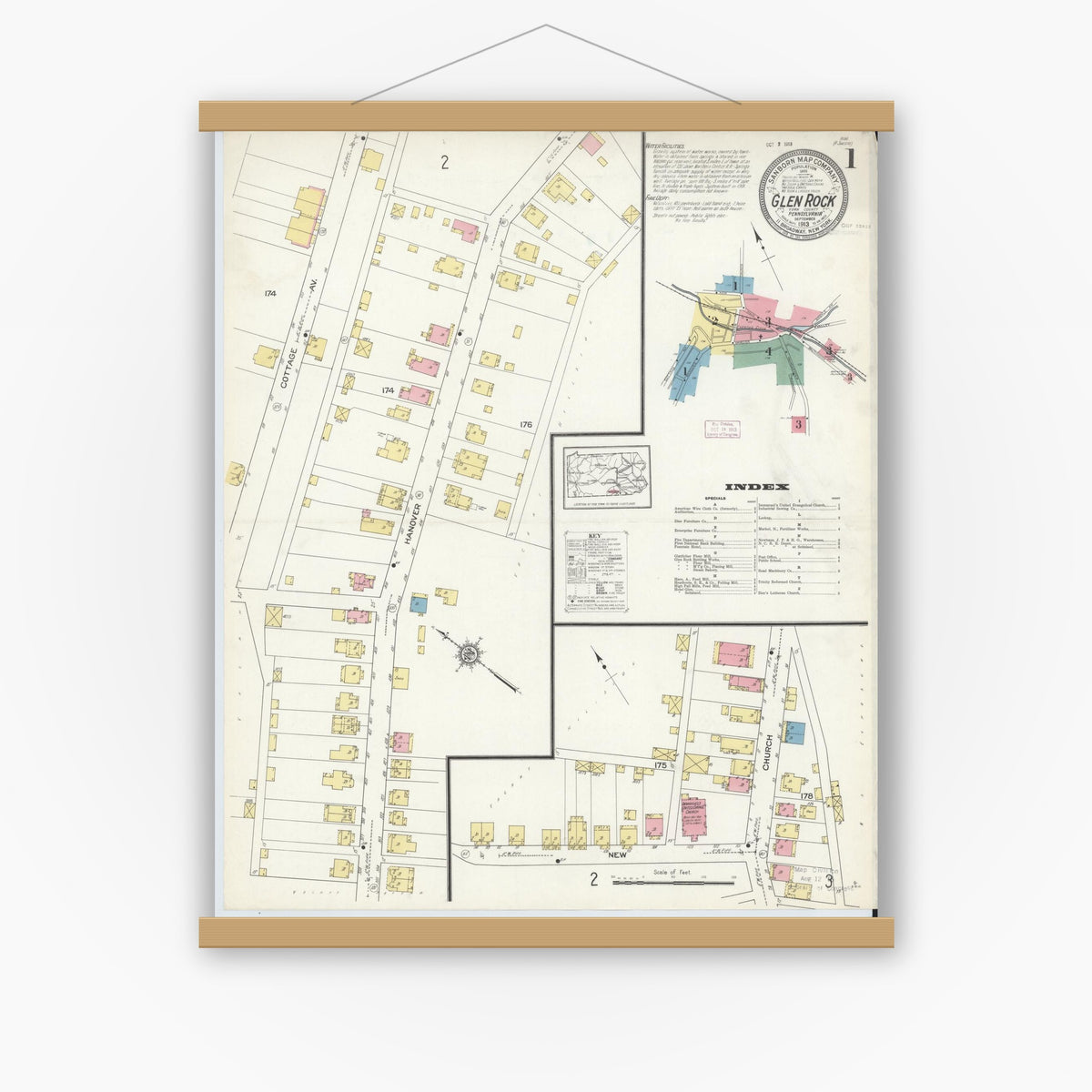 Old map wall art mockup — magnetic wood frame on white wall — Sanborn Fire Insurance Map from Glen Rock, York County, Pennsylvania (1913) - Complete Map Set
