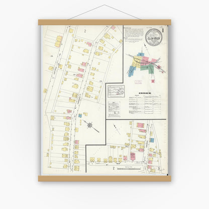 Old map wall art mockup — magnetic wood frame on white wall — Sanborn Fire Insurance Map from Glen Rock, York County, Pennsylvania (1913) - Complete Map Set
