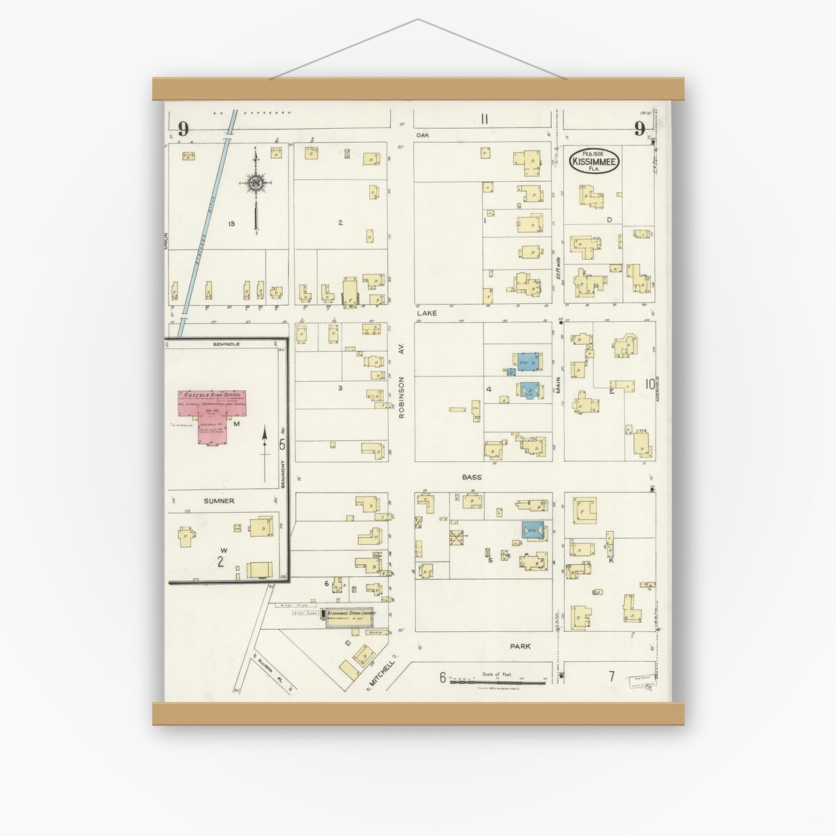 Old map wall art mockup — magnetic wood frame on white wall — Sanborn Fire Insurance Map from Kissimmee, Osceola County, Florida (1926), Sheet #0009