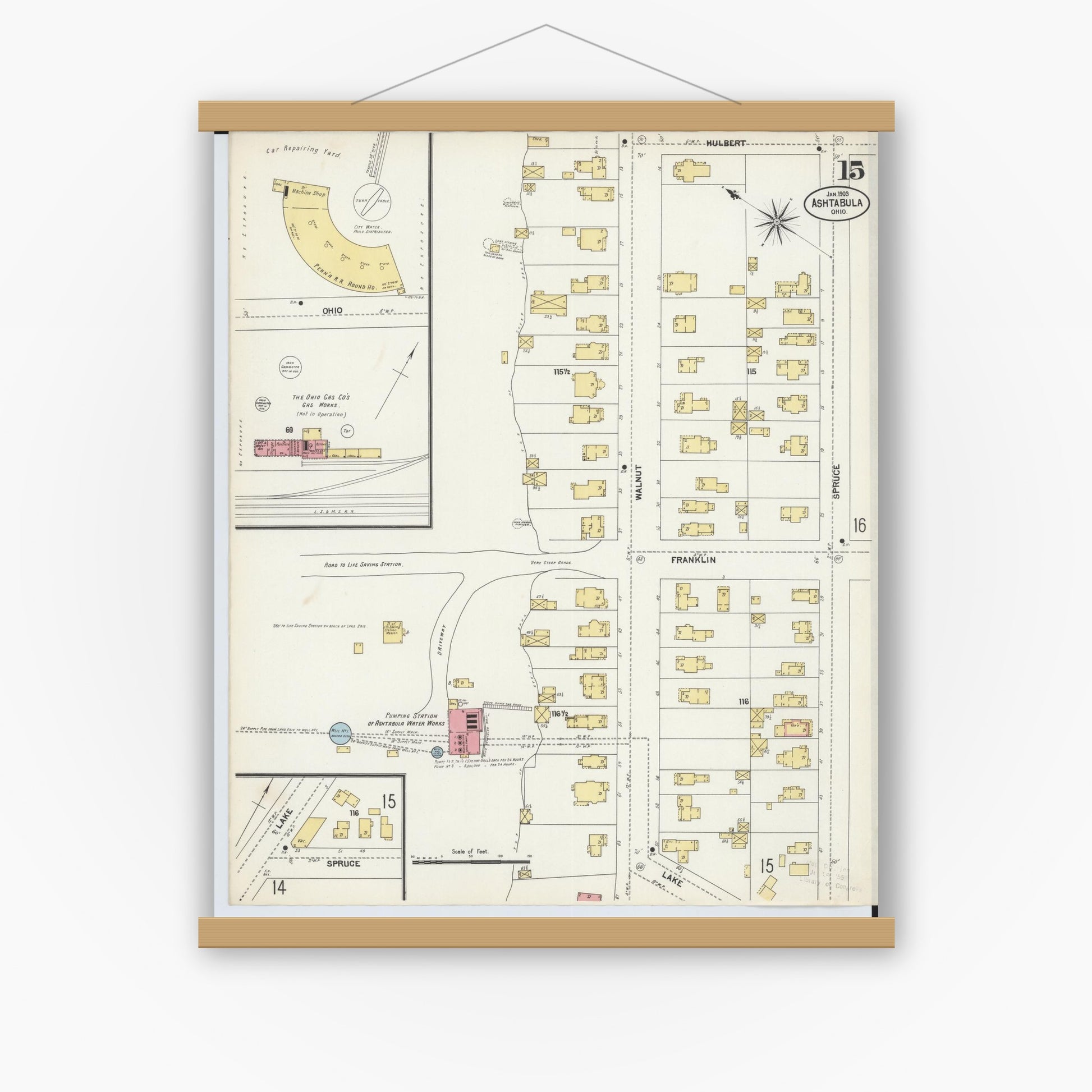 Old map wall art mockup — magnetic wood frame on white wall — Sanborn Fire Insurance Map from Ashtabula, Ashtabula County, Ohio (1903), Sheet #0015