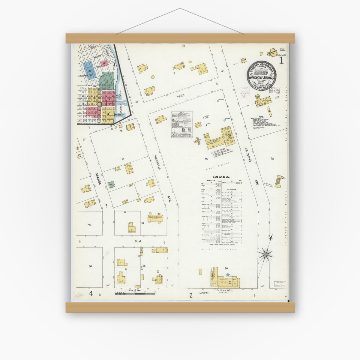 Old map wall art mockup — magnetic wood frame on white wall — Sanborn Fire Insurance Map from Green Cove Springs, Clay County, Florida (1903) - Complete Map Set