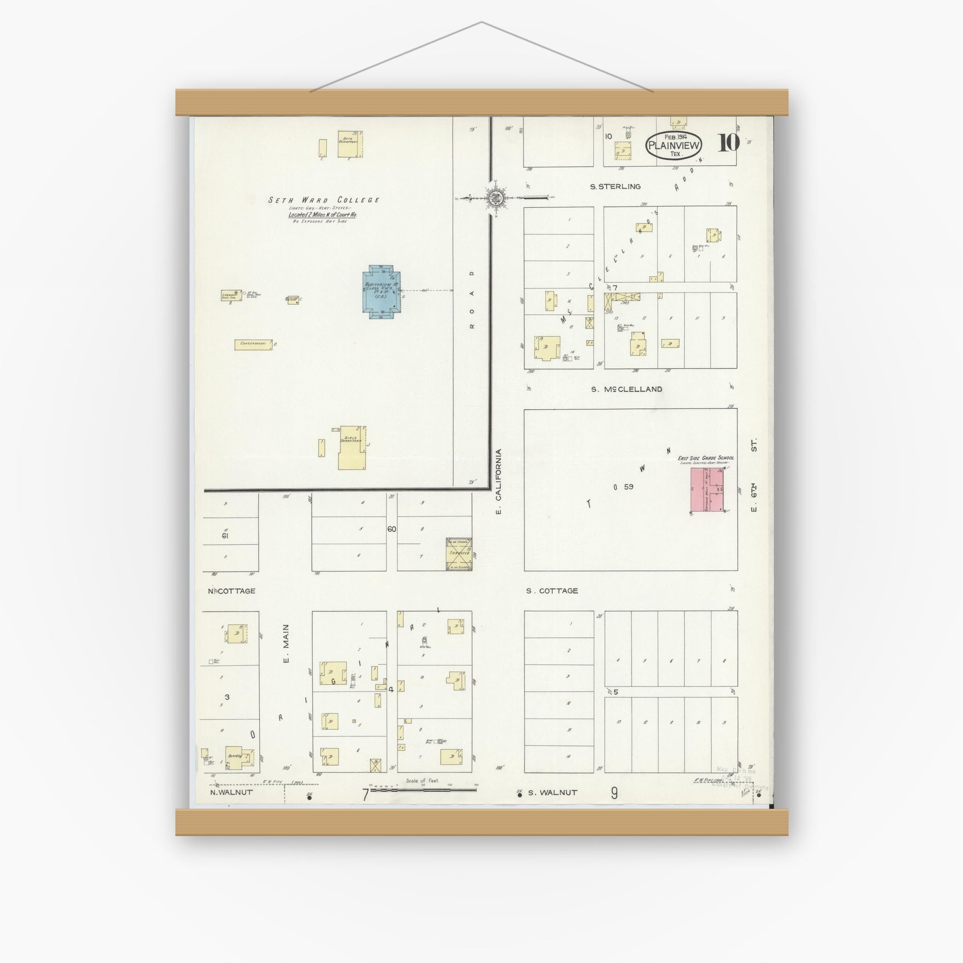 Old map wall art mockup — magnetic wood frame on white wall — Sanborn Fire Insurance Map from Plainview, Hale County, Texas (1914), Sheet #0010