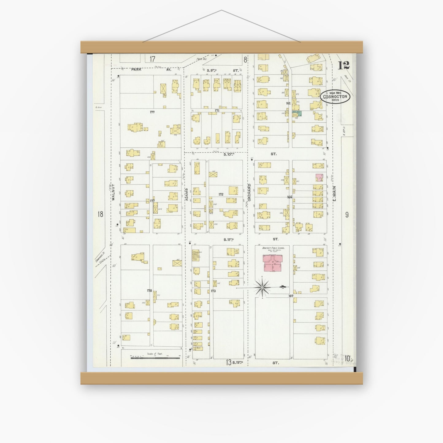 Old map wall art mockup — magnetic wood frame on white wall — Sanborn Fire Insurance Map from Coshocton, Coshocton County, Ohio (1905), Sheet #0012
