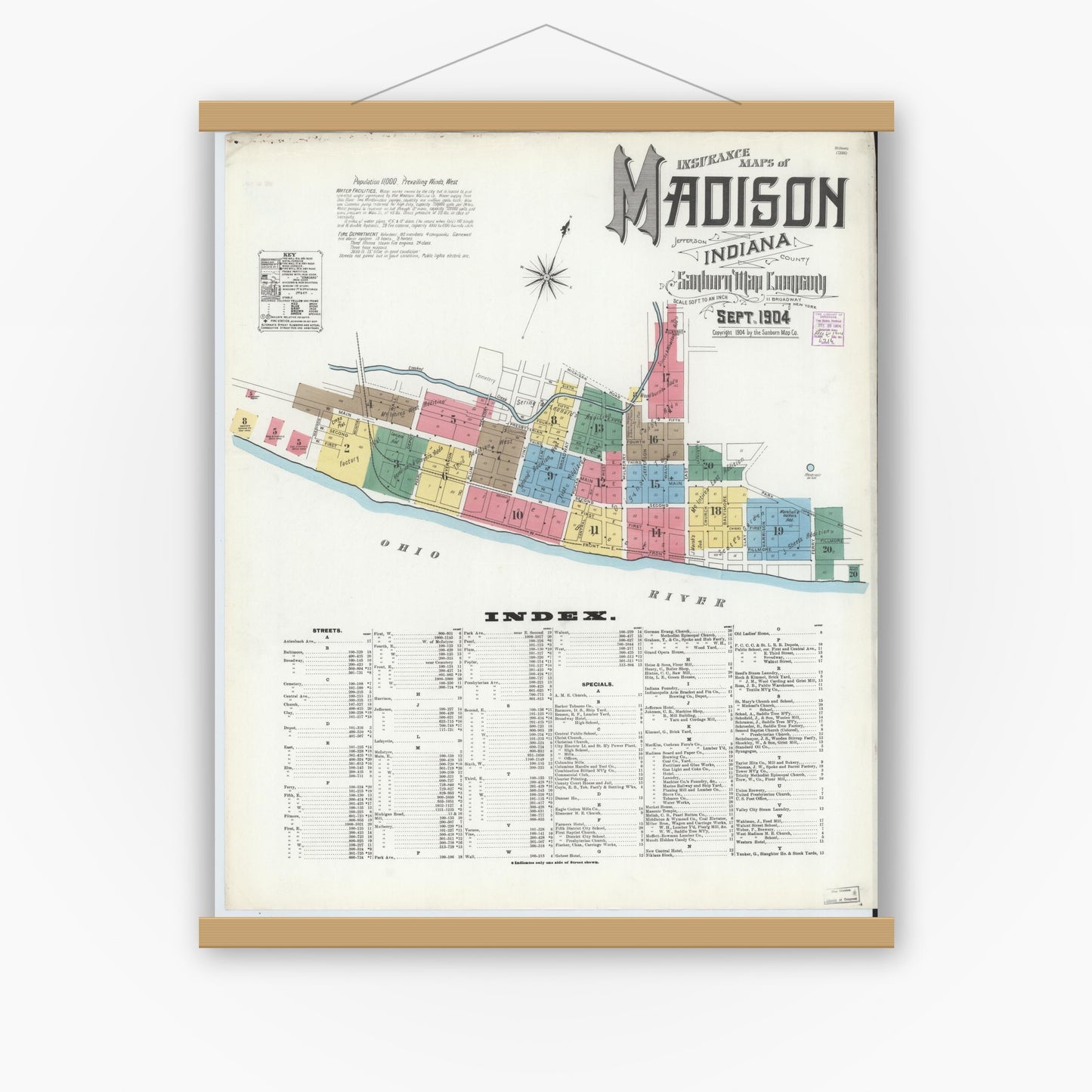 Old map wall art mockup — magnetic wood frame on white wall — Sanborn Fire Insurance Map from Madison, Jefferson County, Indiana (1904) - Complete Map Set