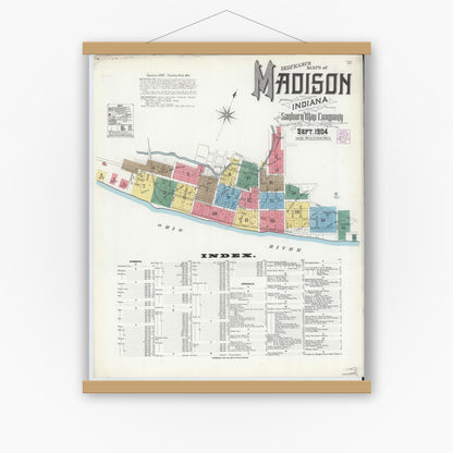 Old map wall art mockup — magnetic wood frame on white wall — Sanborn Fire Insurance Map from Madison, Jefferson County, Indiana (1904) - Complete Map Set