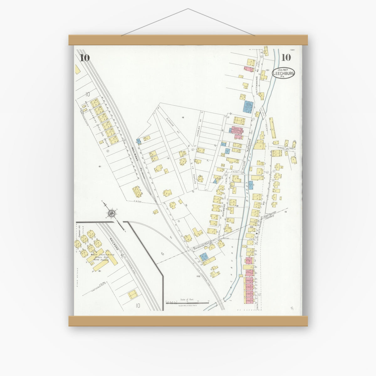 Old map wall art mockup — magnetic wood frame on white wall — Sanborn Fire Insurance Map from Leechburg, Armstrong County, Pennsylvania (1927), Sheet #0010