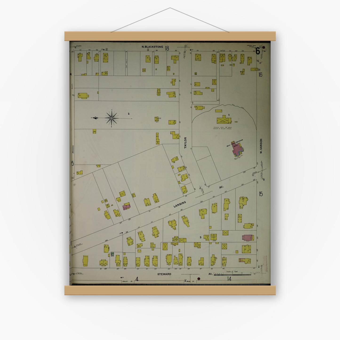 Old map wall art mockup — magnetic wood frame on white wall — Sanborn Fire Insurance Map from Jackson, Jackson County, Michigan (1907), Sheet #0006