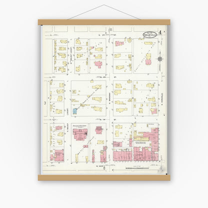 Old map wall art mockup — magnetic wood frame on white wall — Sanborn Fire Insurance Map from Shelbyville, Shelby County, Illinois (1911), Sheet #0004