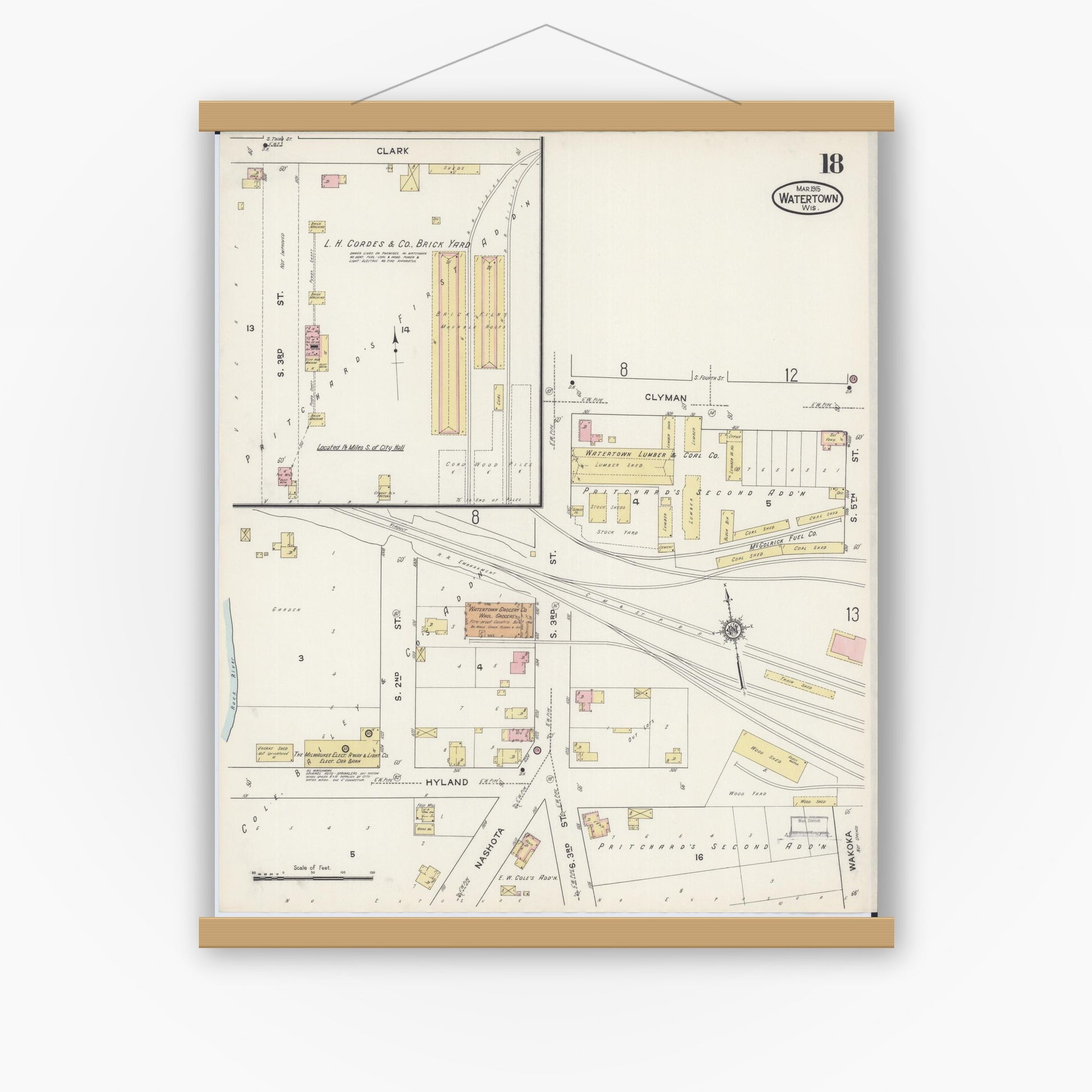 Old map wall art mockup — magnetic wood frame on white wall — Sanborn Fire Insurance Map from Watertown, Jefferson County, Wisconsin (1915), Sheet #0019