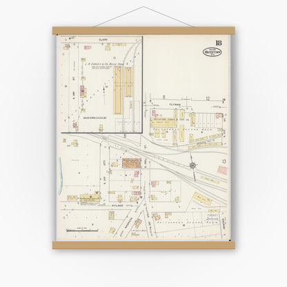 Old map wall art mockup — magnetic wood frame on white wall — Sanborn Fire Insurance Map from Watertown, Jefferson County, Wisconsin (1915), Sheet #0019