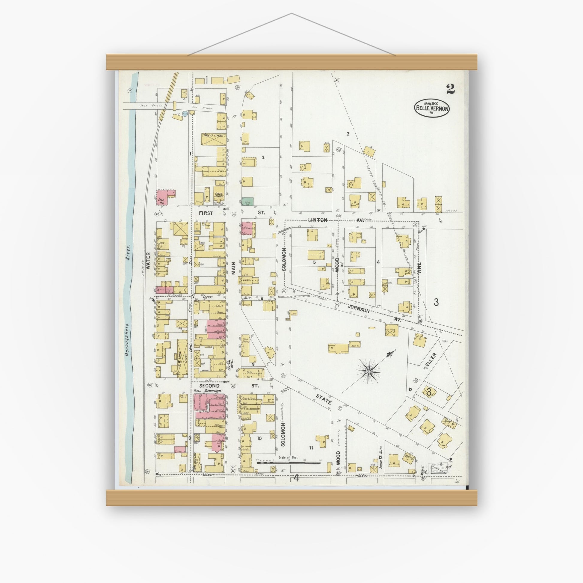 Old map wall art mockup — magnetic wood frame on white wall — Sanborn Fire Insurance Map from Belle Vernon, Fayette County, Pennsylvania (1900), Sheet #0002