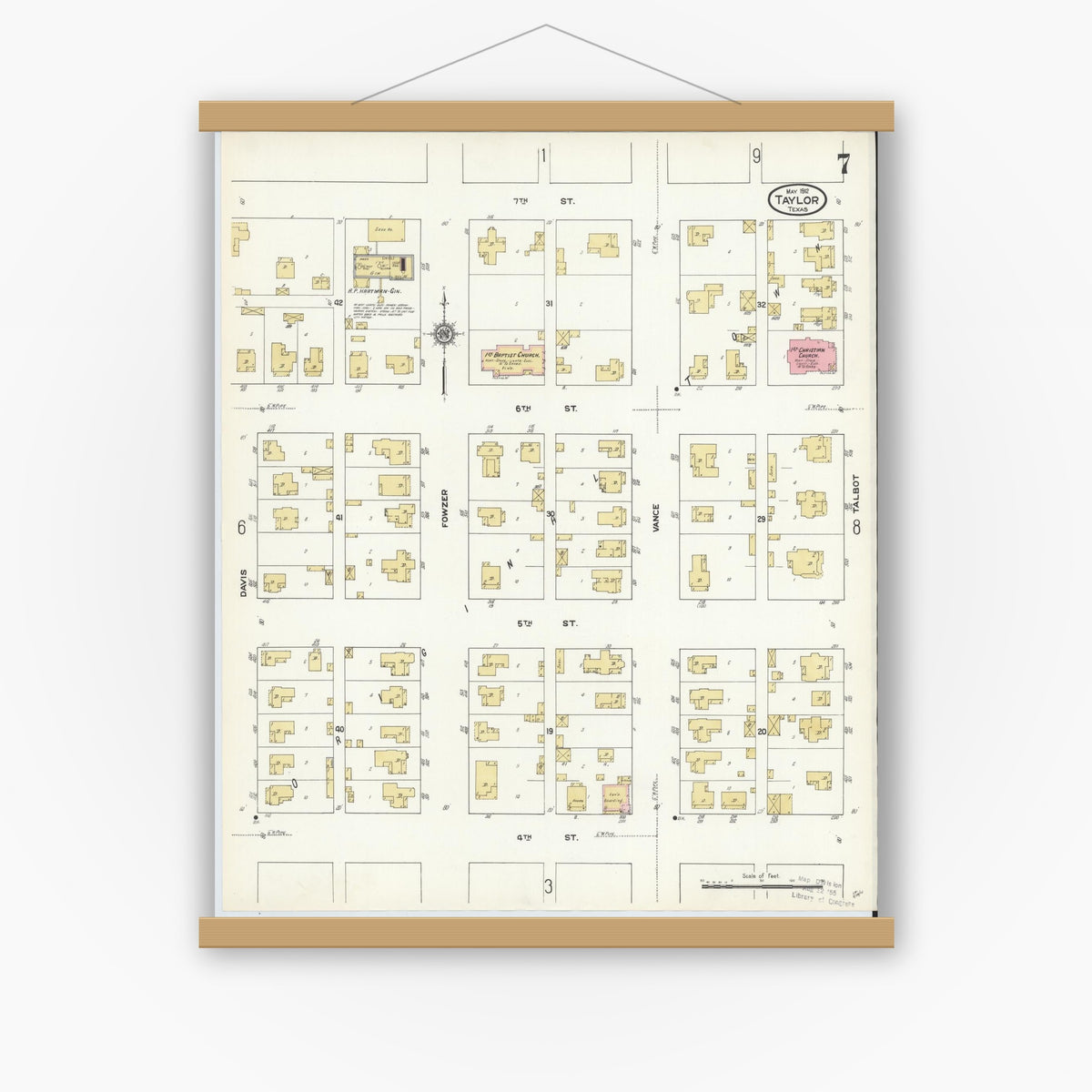Old map wall art mockup — magnetic wood frame on white wall — Sanborn Fire Insurance Map from Taylor, Williamson County, Texas (1912), Sheet #0007