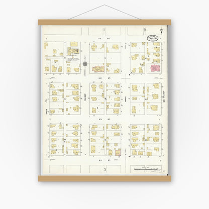 Old map wall art mockup — magnetic wood frame on white wall — Sanborn Fire Insurance Map from Taylor, Williamson County, Texas (1912), Sheet #0007