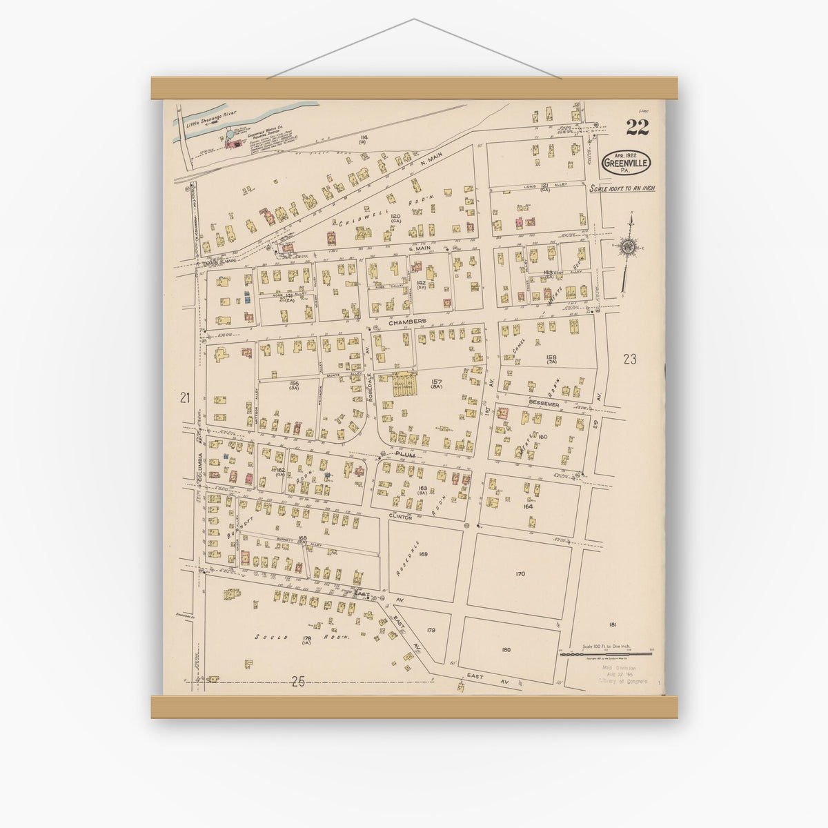 Old map wall art mockup — magnetic wood frame on white wall — Sanborn Fire Insurance Map from Greenville, Mercer County, Pennsylvania (1922), Sheet #0022