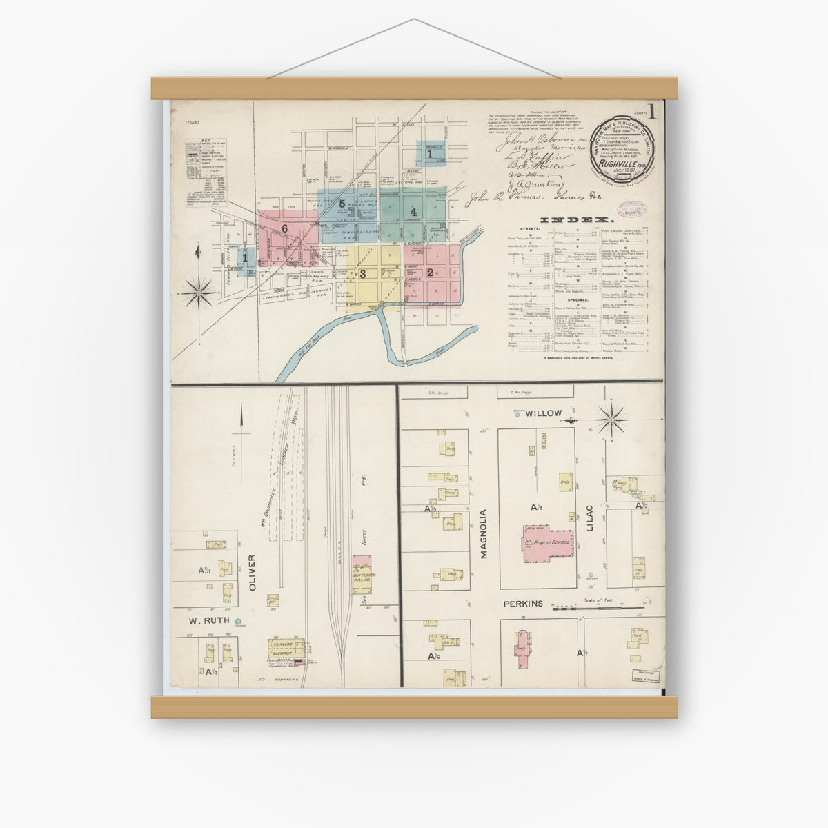 Old map wall art mockup — magnetic wood frame on white wall — Sanborn Fire Insurance Map from Rushville, Rush County, Indiana (1887), Sheet #0001