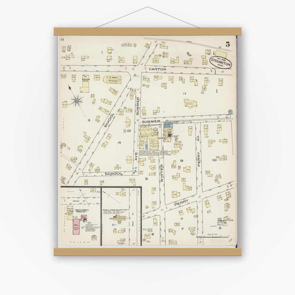 Old map wall art mockup — magnetic wood frame on white wall — Sanborn Fire Insurance Map from Stoughton, Norfolk County, Massachusetts (1885), Sheet #0005