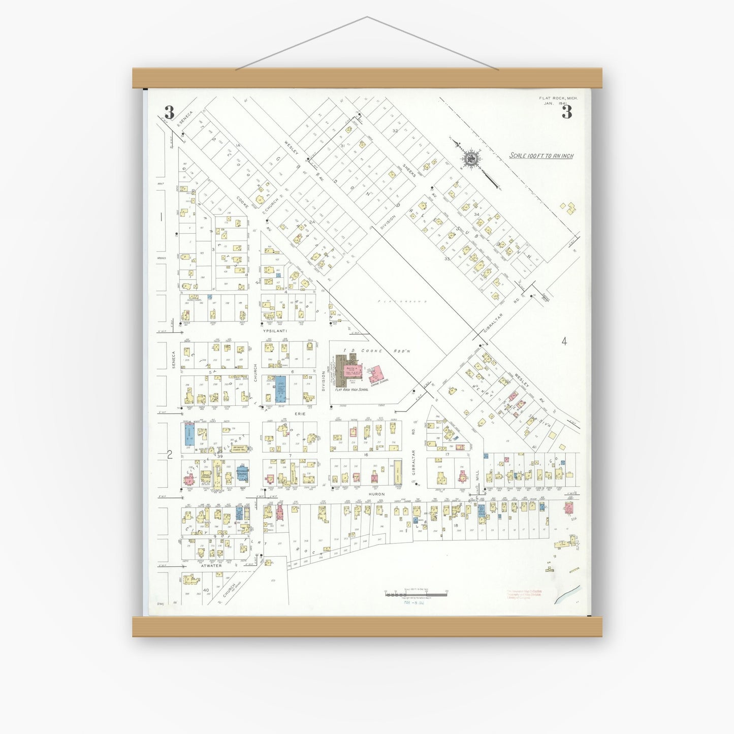 Old map wall art mockup — magnetic wood frame on white wall — Sanborn Fire Insurance Map from Flat Rock, Wayne County, Michigan (1941), Sheet #0003