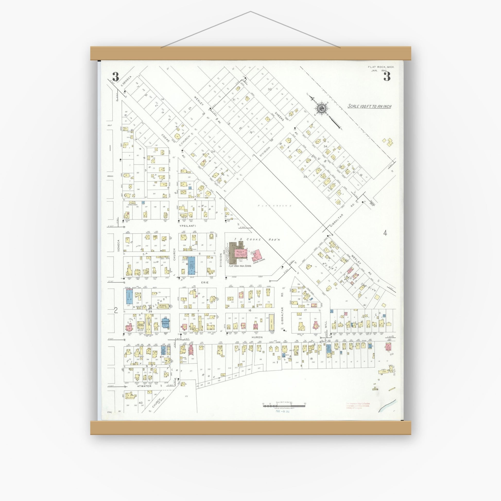 Old map wall art mockup — magnetic wood frame on white wall — Sanborn Fire Insurance Map from Flat Rock, Wayne County, Michigan (1941), Sheet #0003