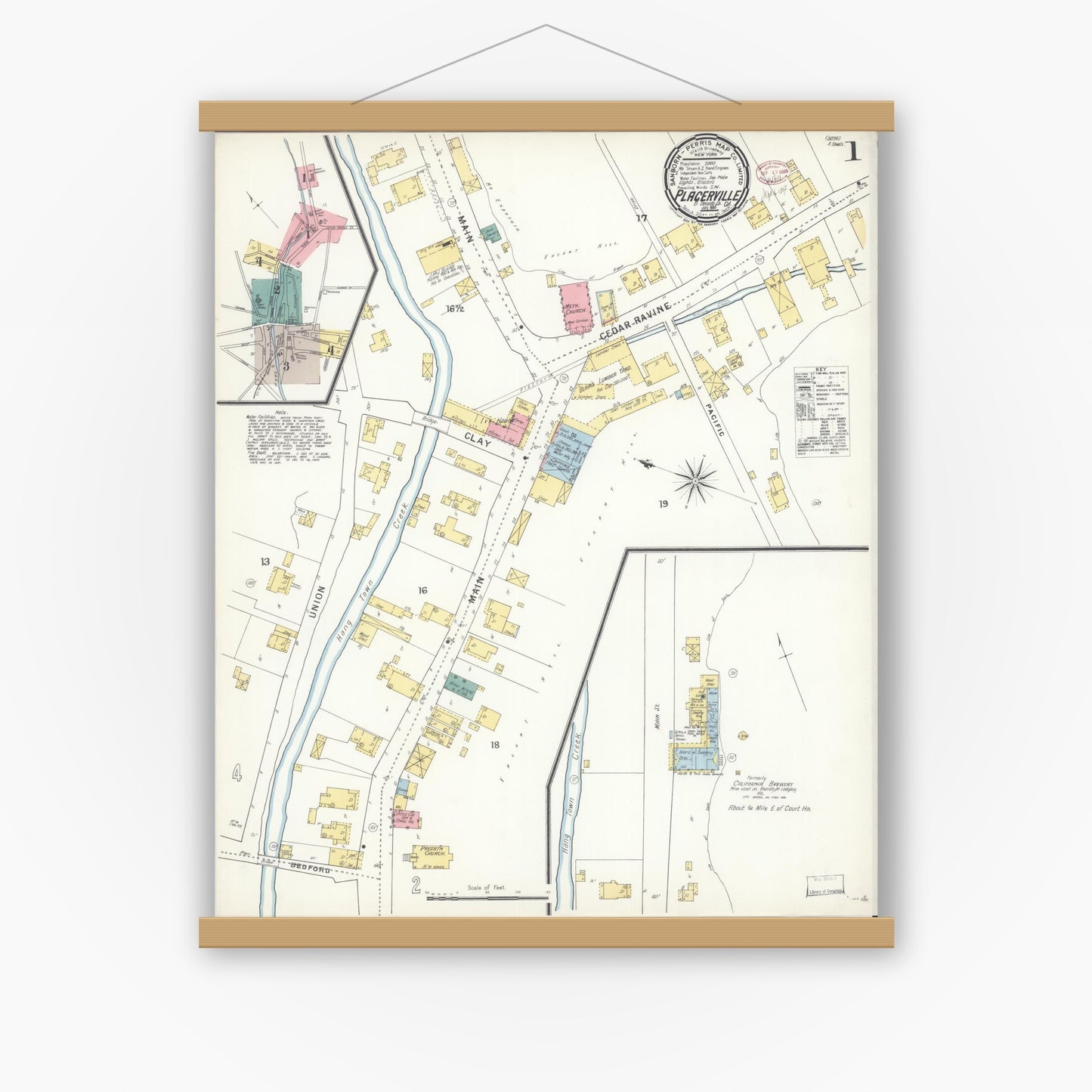 Old map wall art mockup — magnetic wood frame on white wall — Sanborn Fire Insurance Map from Placerville, El Dorado County, California (1895) - Complete Map Set