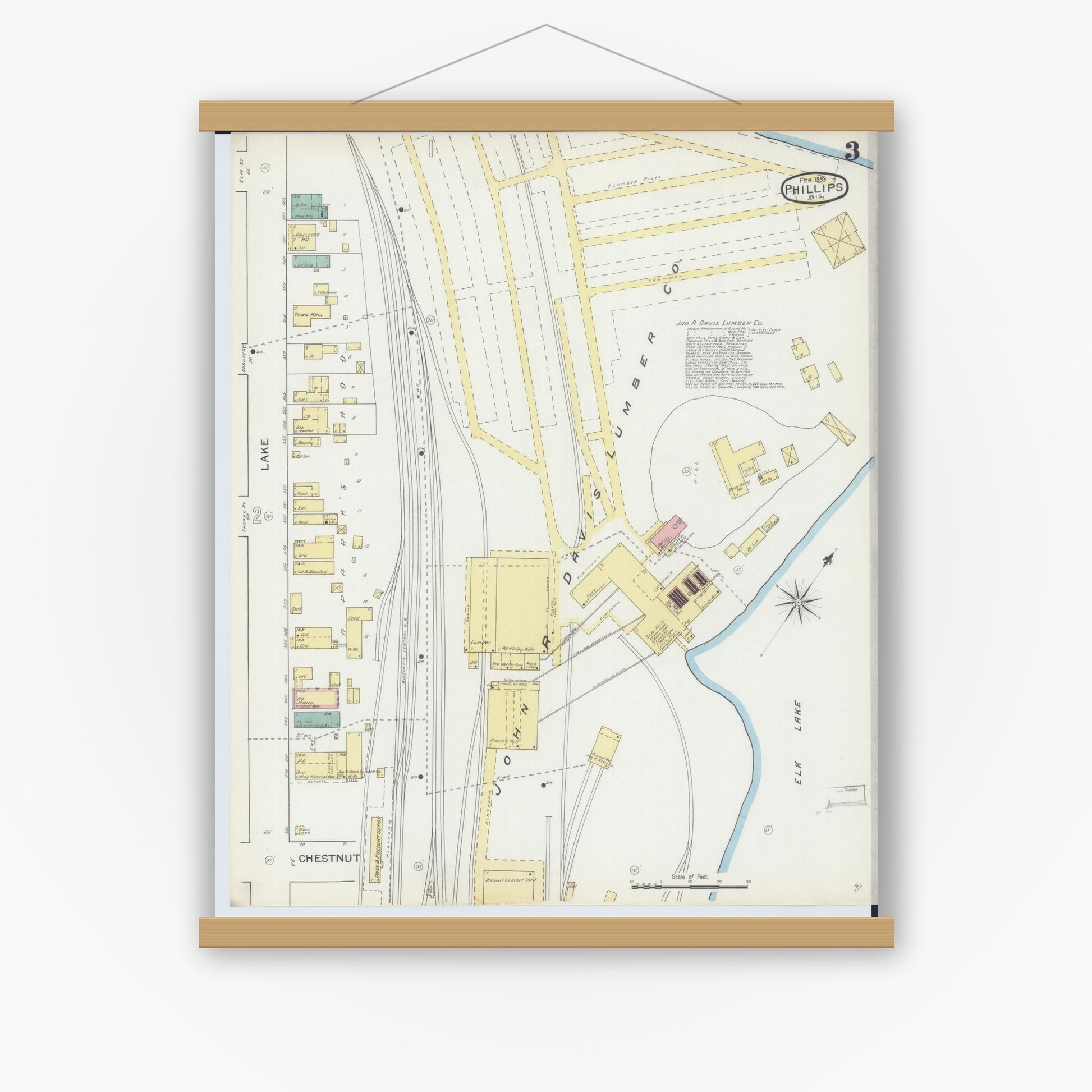Old map wall art mockup — magnetic wood frame on white wall — Sanborn Fire Insurance Map from Phillips, Price County, Wisconsin (1893), Sheet #0003