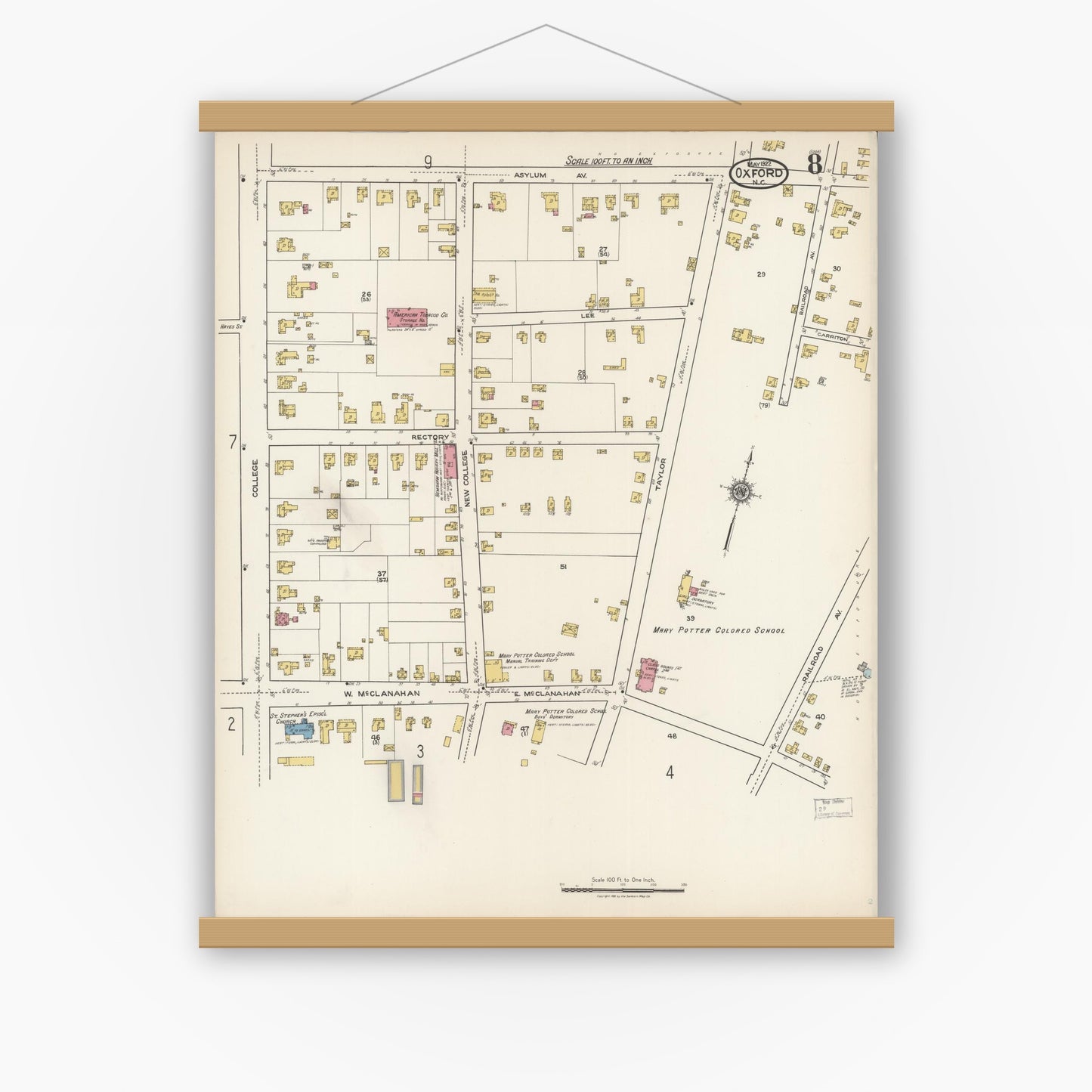 Old map wall art mockup — magnetic wood frame on white wall — Sanborn Fire Insurance Map from Oxford, Granville County, North Carolina (1922), Sheet #0008