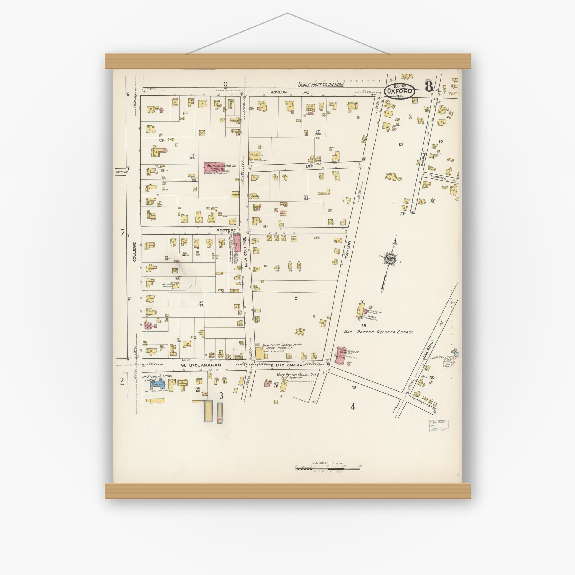 Old map wall art mockup — magnetic wood frame on white wall — Sanborn Fire Insurance Map from Oxford, Granville County, North Carolina (1922), Sheet #0008