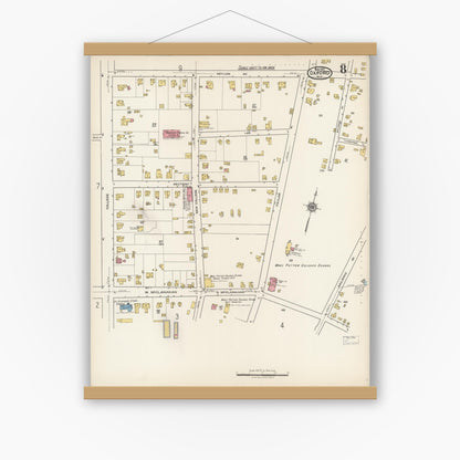 Old map wall art mockup — magnetic wood frame on white wall — Sanborn Fire Insurance Map from Oxford, Granville County, North Carolina (1922), Sheet #0008