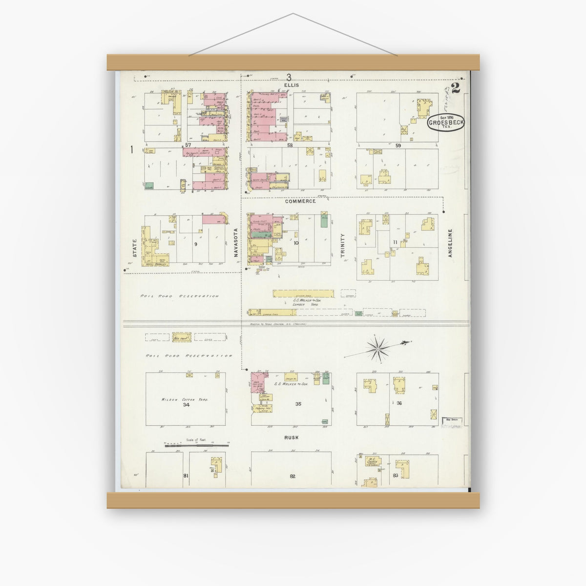 Old map wall art mockup — magnetic wood frame on white wall — Sanborn Fire Insurance Map from Groesbeck, Limestone County, Texas (1896), Sheet #0002