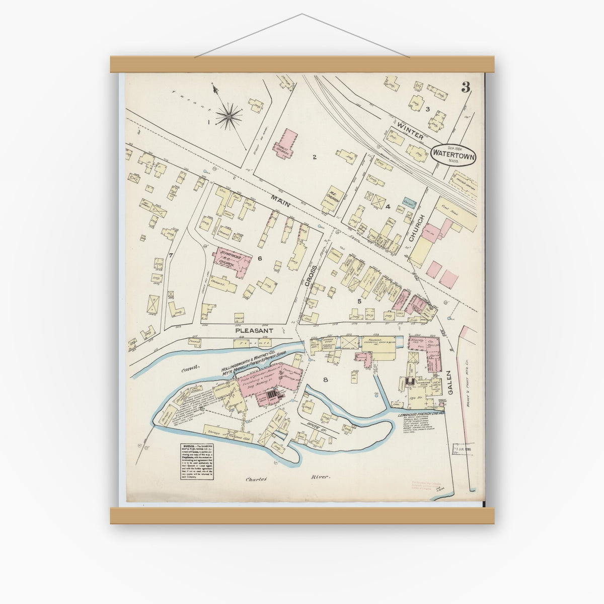 Old map wall art mockup — magnetic wood frame on white wall — Sanborn Fire Insurance Map from Watertown, Middlesex County, Massachusetts (1884), Sheet #0003