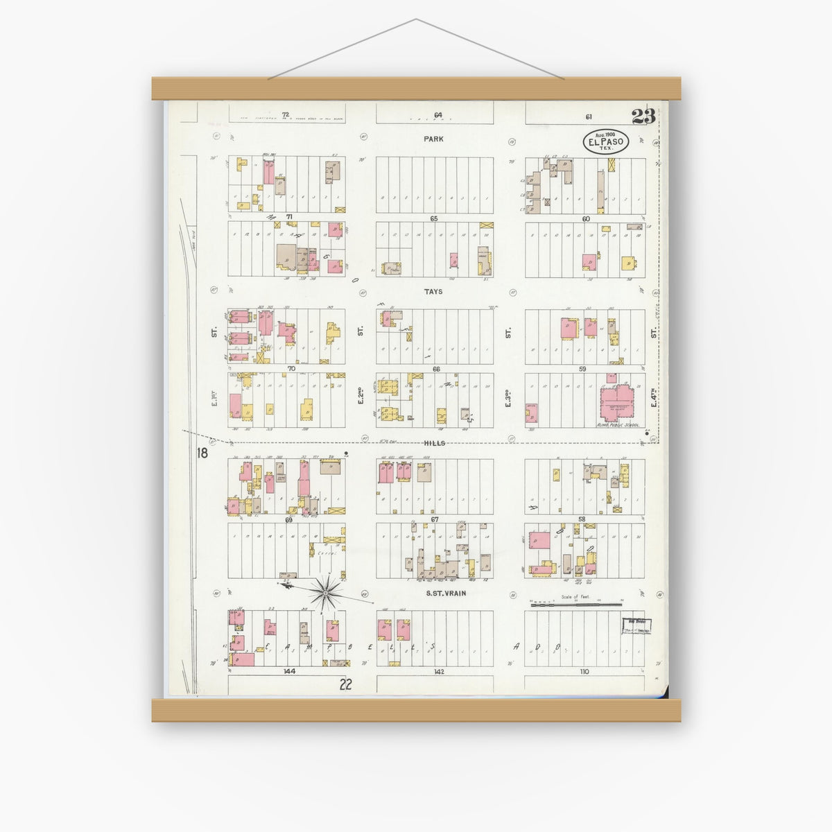 Old map wall art mockup — magnetic wood frame on white wall — Sanborn Fire Insurance Map from El Paso, El Paso County, Texas (1900), Sheet #0023