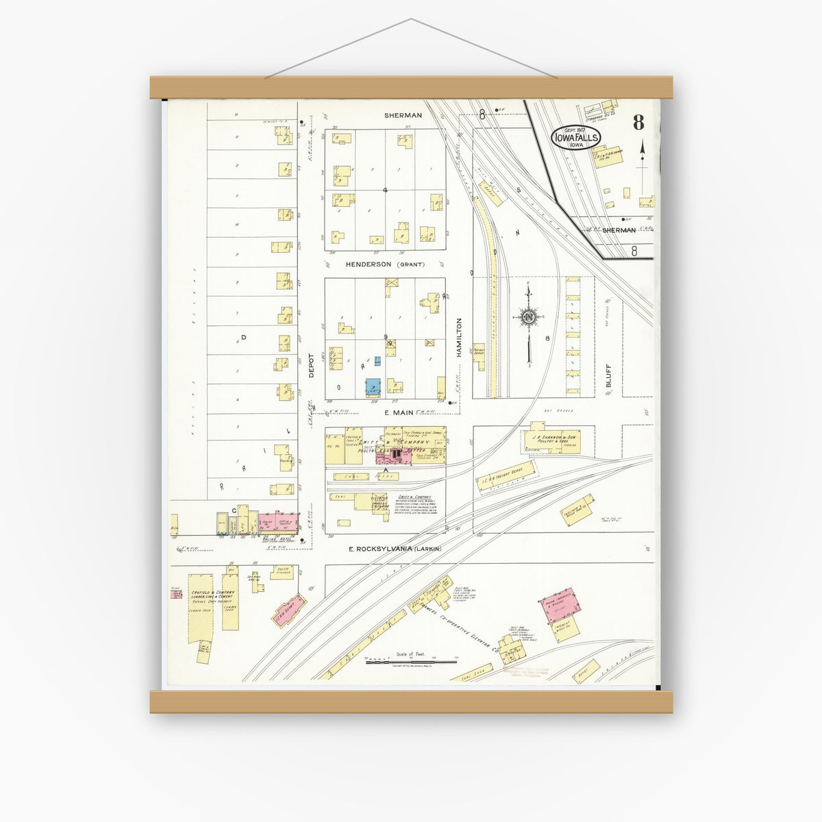 Old map wall art mockup — magnetic wood frame on white wall — Sanborn Fire Insurance Map from Iowa Falls, Hardin County, Iowa (1917), Sheet #0008