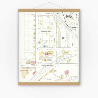 Old map wall art mockup — magnetic wood frame on white wall — Sanborn Fire Insurance Map from Iowa Falls, Hardin County, Iowa (1917), Sheet #0008