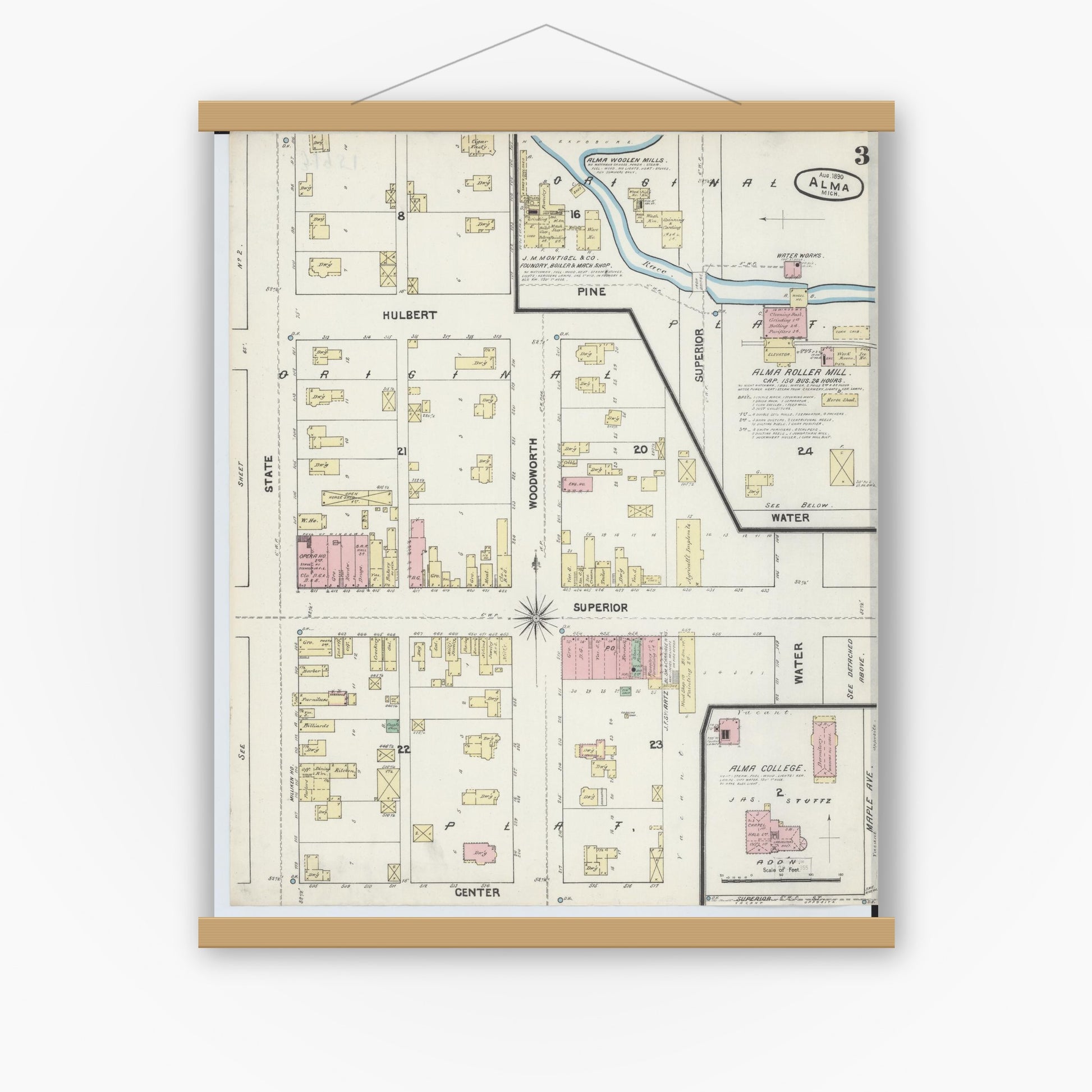 Old map wall art mockup — magnetic wood frame on white wall — Sanborn Fire Insurance Map from Alma, Gratiot County, Michigan (1890), Sheet #0003