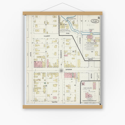 Old map wall art mockup — magnetic wood frame on white wall — Sanborn Fire Insurance Map from Alma, Gratiot County, Michigan (1890), Sheet #0003
