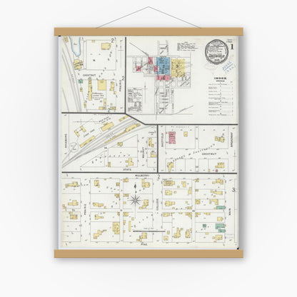 Old map wall art mockup — magnetic wood frame on white wall — Sanborn Fire Insurance Map from Greenfield, Greene County, Illinois (1899) - Complete Map Set